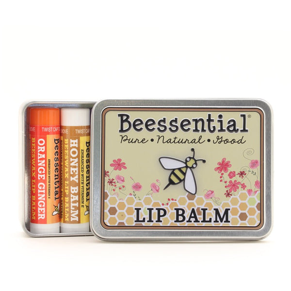 Reusable Beessential gift tin containing five handcrafted natural lip balms.