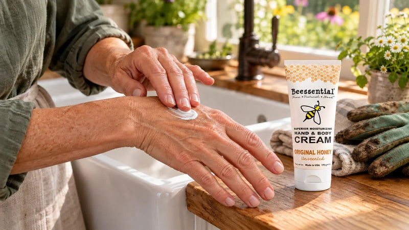 Hands applying cream beside a tube of Beessential Original Honey Hand & Body Cream, with gardening gloves nearby.
