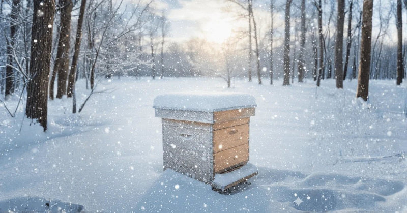 Honey bees in winter: snow-covered wooden beehive in a snowy woodland