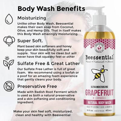 Beessential Grapefruit Lemongrass Body Wash in a 16 oz bottle