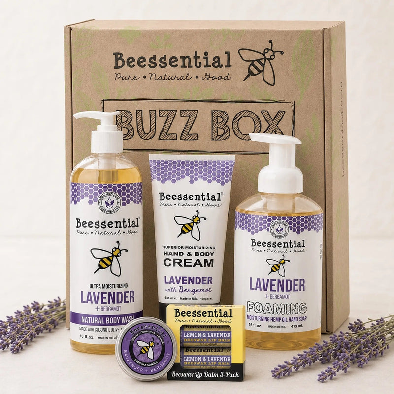 Lavender Bliss gift set: lavender bergamot body wash, foaming hand soap, hand cream, beeswax candle & lip balms in gift box