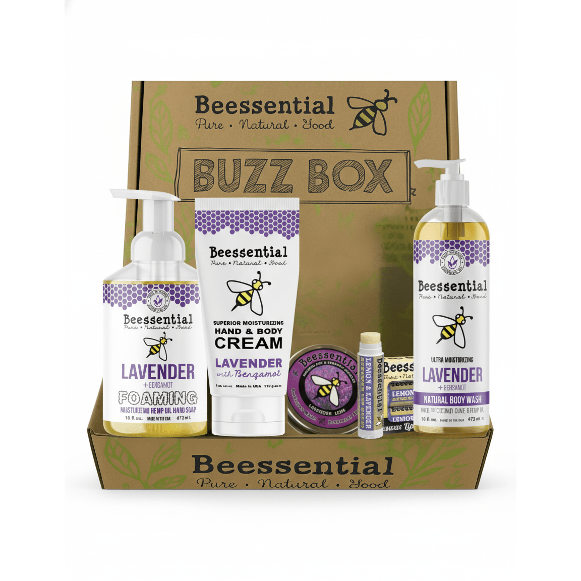Lavender-themed skincare gift set from Beessential featuring honey and beeswax-infused products.