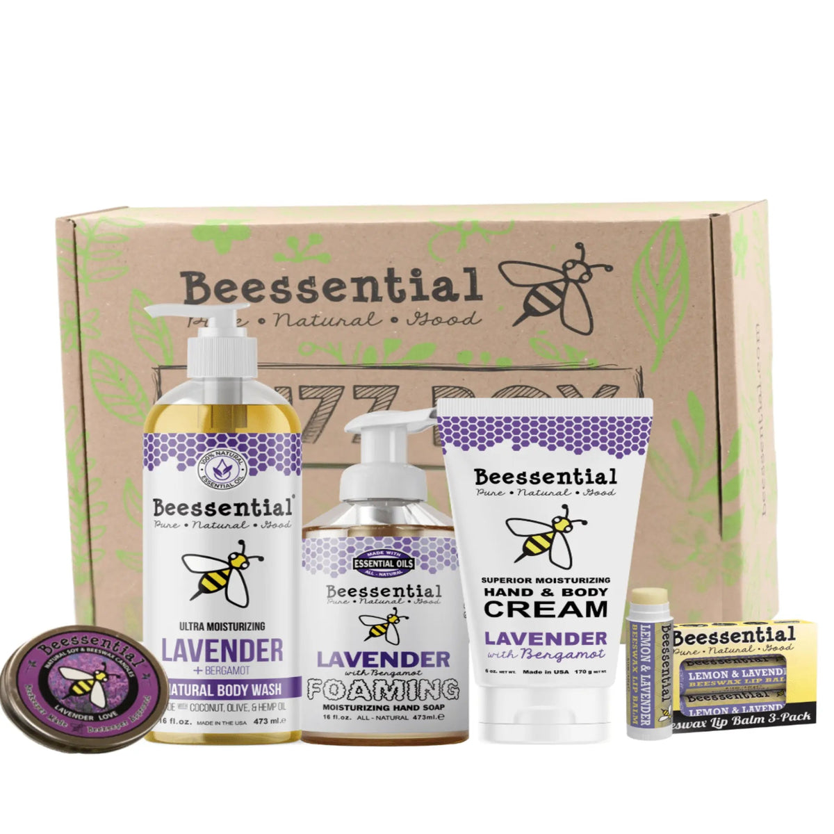 Beessential Lavender Bliss Gift Set with lavender body care products handcrafted with natural ingredients.