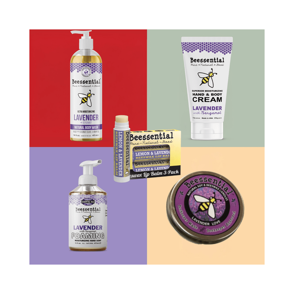 Beessential Lavender Bliss Gift Box with moisturizing bath and body essentials in a calming lavender scent.