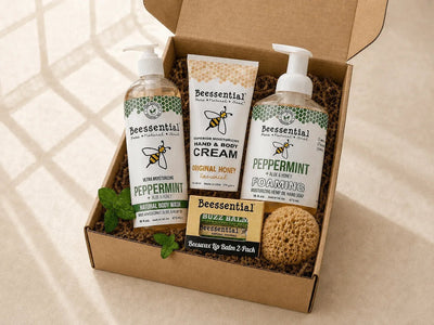 Peppermint Refresh Buzz Box gift set with peppermint body wash, foaming hand soap, honey hand cream, lip balm and sea sponge