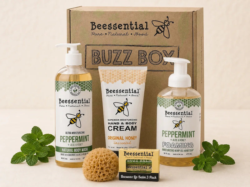 Peppermint Refresh Buzz Box gift set with peppermint body wash, foaming hand soap, honey hand cream, lip balm and sea sponge