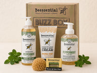 Peppermint Refresh Buzz Box gift set with peppermint body wash, foaming hand soap, honey hand cream, lip balm and sea sponge