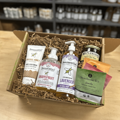 Queen Bee Bliss Gift Set by Beessential with body wash, foaming hand soap, hand and body cream, local honey and tea bags in gift-ready packaging
