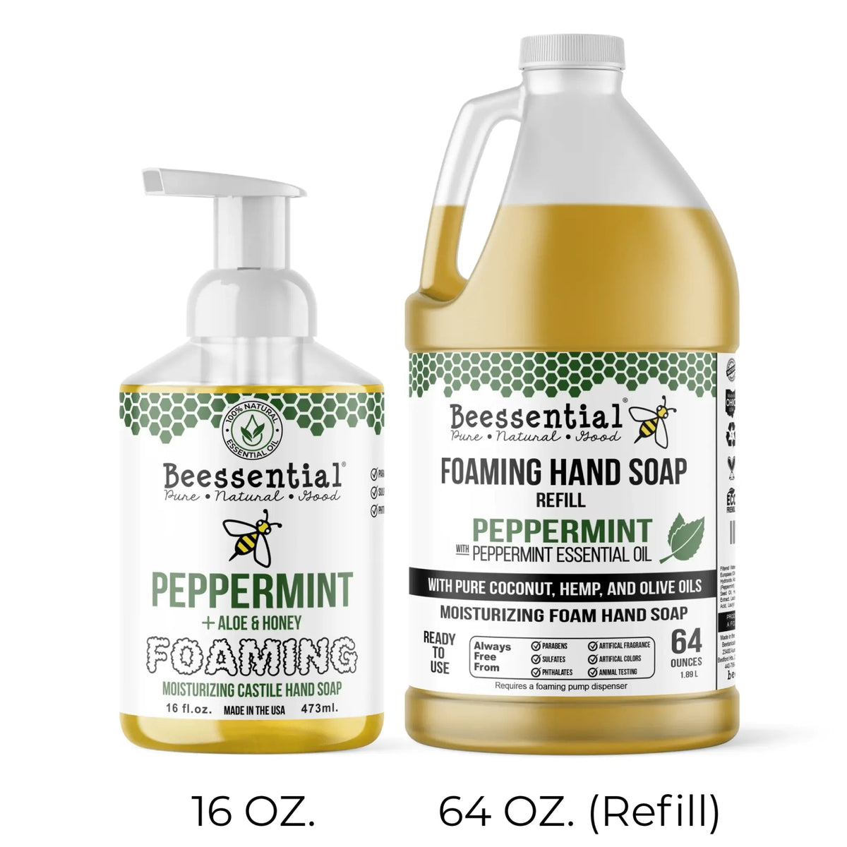 Beessential Peppermint Foaming Hand Soap with natural honey and a refreshing peppermint scent.