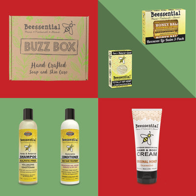 Beessential Natural Shower Gift Box with honey shampoo, conditioner, handmade bar soap, hand & body cream and beeswax lip balm 3-pack