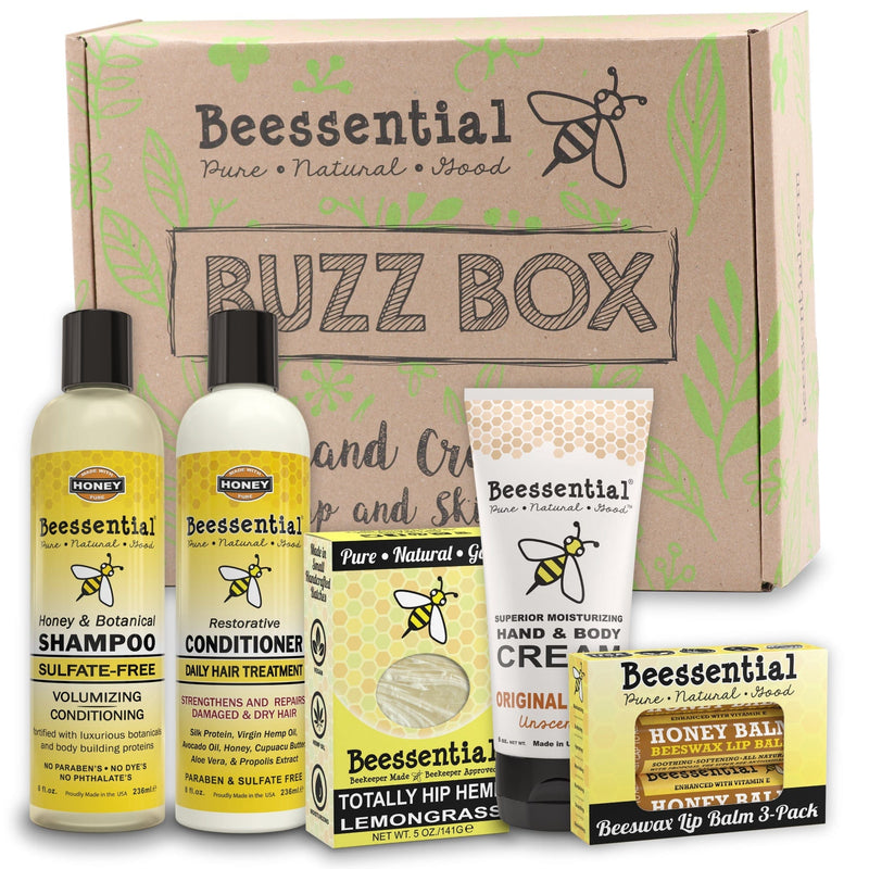 Beessential Natural Shower Gift Box with honey shampoo, conditioner, handmade bar soap, hand & body cream and beeswax lip balm 3-pack