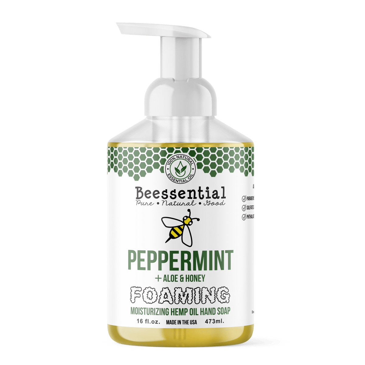 Bottle of Beessential Peppermint Foaming Hand Soap featuring a gentle, moisturizing foaming formula.